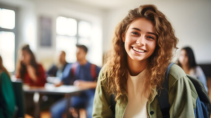A beautiful young female student sitting in a high school classroom, smiling and looking at the...