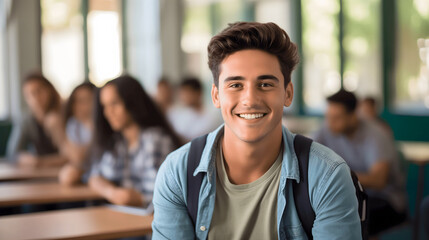A handsome young male student in a high school classroom, smiling and looking at the camera, wearing a backpack. Groups of students sitting around the tables working on a project in the background - obrazy, fototapety, plakaty