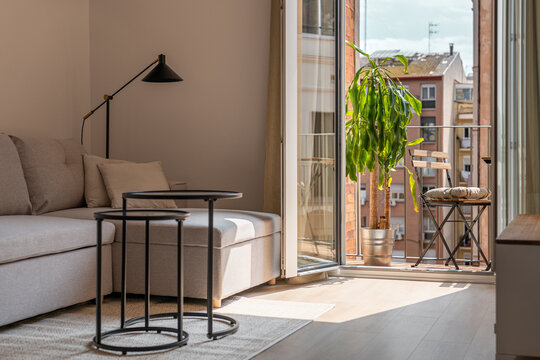 Shady living room and open balcony in studio apartment