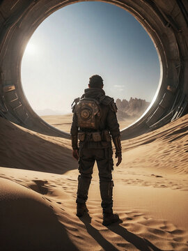 Hombre en el desierto en una escena postapocaliptica en un mundo dominado por el calor y la sequ&iacute;a