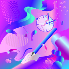 Abstract geometric background with various geometric shapes - triangles, circles, dots, lines. Memphis style. Colorful design in the style of the 90s. Vector design with clock