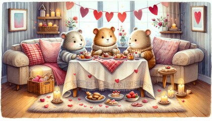 Cozy watercolor of two animals enjoying an indoor Valentine's Day picnic, with a soft rug, treats, paper hearts, and candles.
