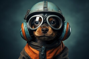 a dog wearing a helmet and goggles - obrazy, fototapety, plakaty