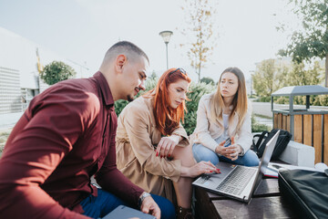 Business People Collaborating in a Vibrant Urban City Park on a Beautiful Sunny Day.