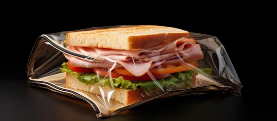 Sandwich with ham, cheese, and bread in a zipper bag.