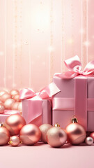 Pink Christmas background with festive Christmas balls and gift boxes. Vertical reels backgrounds, story, xmas poster, web banner. Holiday pink backdrop with copy space.