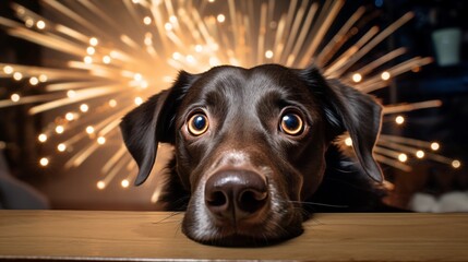Scared chocolate dog labrador pet afraid of fireworks noise on New Year's Eve showing fearful anxiety and searching for protection being startled and nervous - obrazy, fototapety, plakaty