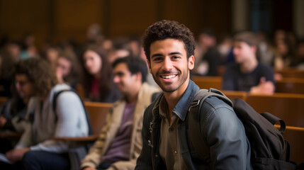 A handsome young man student sitting in a college classroom, smiling and looking at the camera, wearing a backpack. University campus, academic education, listening to a professor teaching a lesson - obrazy, fototapety, plakaty