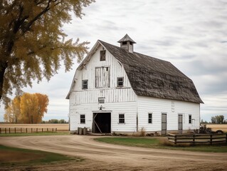 Fototapeta na wymiar a white barn with a dirt road and trees