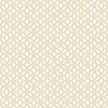 Seamless geometric pattern with golden mesh design. Gold and white arabesque luxury ornament. Simple abstract vector texture, oriental style background. Repeat linear lattice design for decor, print