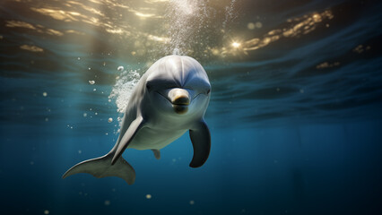 Dolphin Approaching in Sunlit Waters: Captivating Underwater Encounter