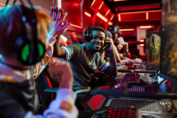 Professional gamers high fiving during tournament