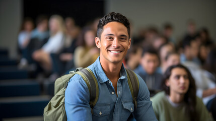A handsome young Asian man student sitting in a college classroom, smiling and looking at the camera, wearing a backpack. University campus, academic education, listening to a professor