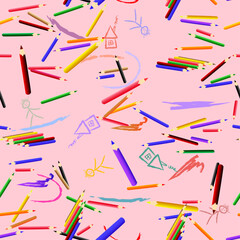 Vector realistic illustration of colored pencils and children's drawings. Seamless pattern.