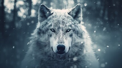 A detailed double exposure image where a wolf's visage is blended into a snowy white canvas, highlighting the contrast between its dark eyes and the bright absence of color.