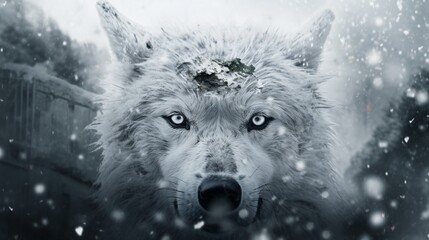 A detailed double exposure image where a wolf's visage is blended into a snowy white canvas, highlighting the contrast between its dark eyes and the bright absence of color.