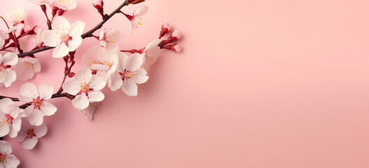Fresh cherry tree white flowers in blossom on tender pastel creamy colored background with copy space for mock up