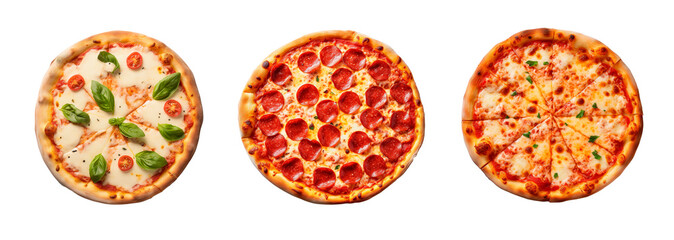 Top view of delicious traditional pizzas, margarite, pepperoni and cheese. White transparent background - obrazy, fototapety, plakaty