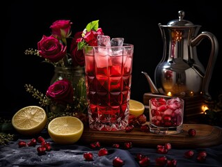 Hibiscus Tea in Glass Cup, Dry Rose Drink, Cold Fruit Red Tea, Iced Karkade in Transparent Mug