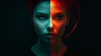 A double color exposure portrait that captures the duality of a girl's spirit, merging a peaceful emerald visage with an incandescent ruby one, representing her calm and rage.