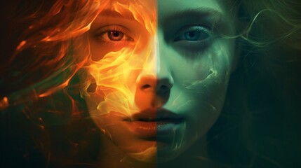Fototapeta premium A double color exposure portrait that captures the duality of a girl's spirit, merging a peaceful emerald visage with an incandescent ruby one, representing her calm and rage.