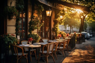 Fototapeta na wymiar Enchanting Sunset at a Cozy Parisian Cafe Street