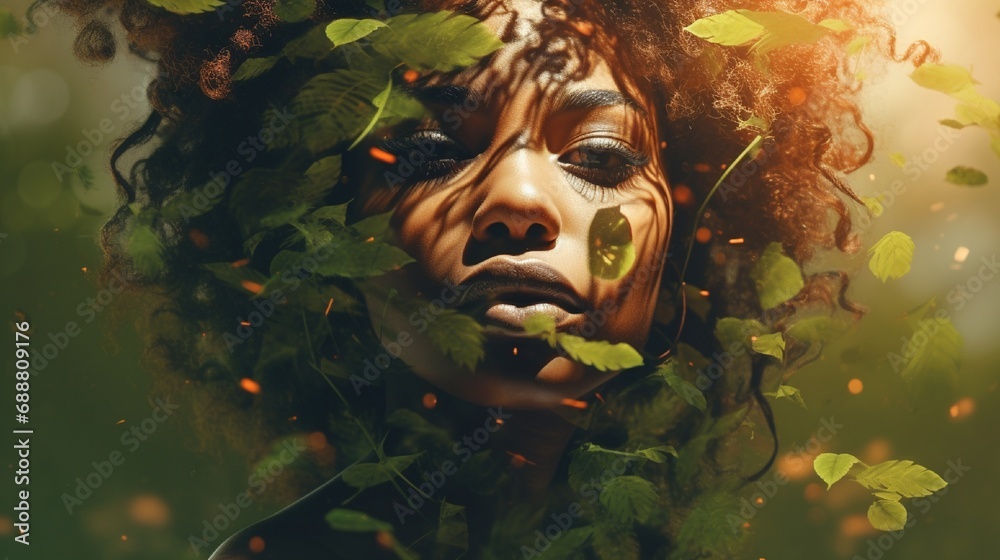 Wall mural A double exposure portrait where the visage of an attractive African American woman merges with a tapestry of vibrant green leaves, symbolizing growth and vitality.