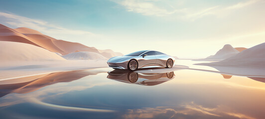 a silver car on a lake