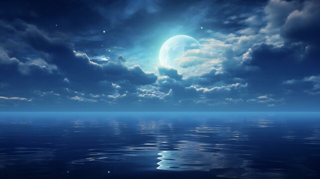 the moon reflecting over water in the night sky © Amena