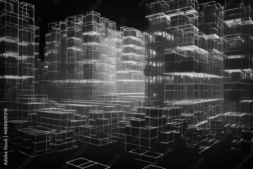 Poster a black and white photo showcasing a futuristic city. this image can be used to depict a futuristic 