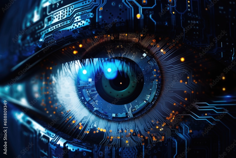 Poster A detailed close-up of a person's eye with a circuit board in the background. Suitable for technology, futuristic, and science-related concepts