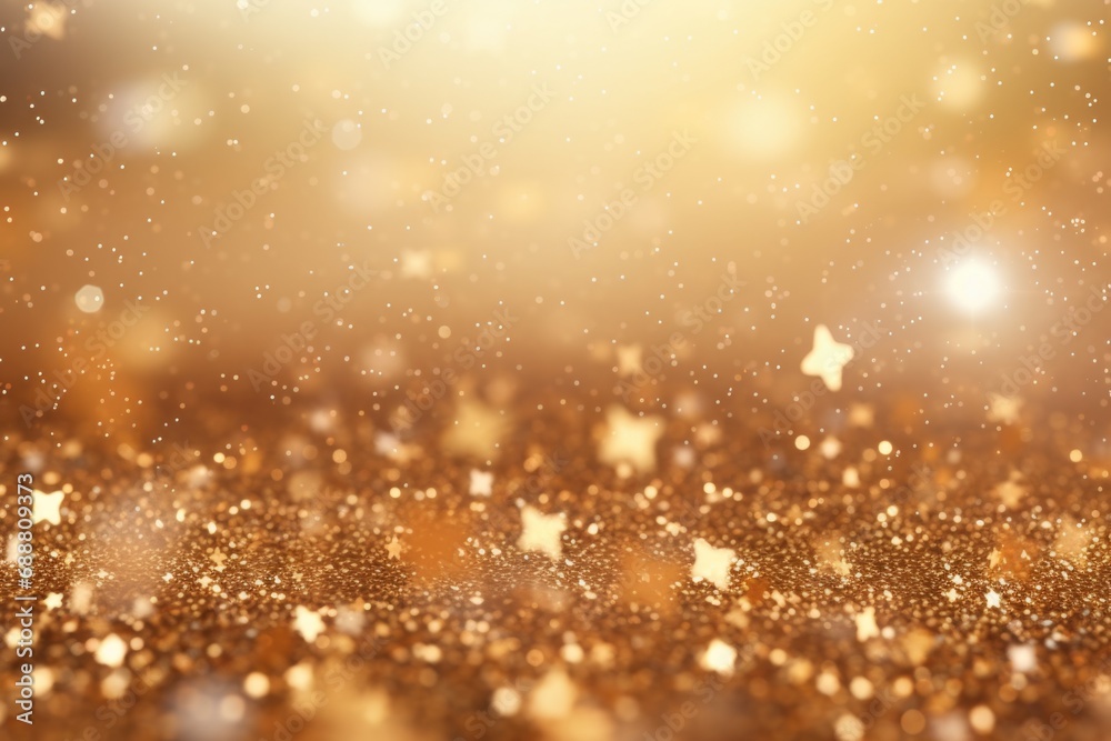Poster A stunning gold glitter background adorned with sparkling stars and beautiful bokeh effects. Perfect for adding a touch of glamour and elegance to any design.