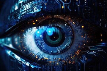 A detailed close-up of a person's eye with a circuit board in the background. Suitable for technology, futuristic, and science-related concepts