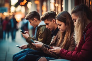 A group of people sitting on a bench, engrossed in their smartphones. Perfect for illustrating the modern addiction to technology. - obrazy, fototapety, plakaty