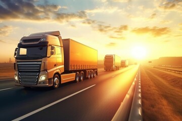 A stunning image of a semi truck driving down the highway during sunset. Perfect for transportation or travel-related projects - obrazy, fototapety, plakaty