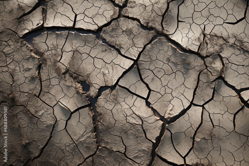 Poster a close-up view of a cracked surface of dirt. suitable for various uses