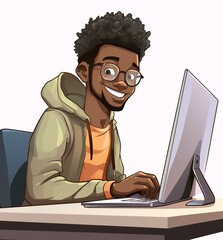 Black man with glasses working with computer at a desk. Software developer, programmer or system administrator with PC. Technical specialist at workplace. Cartoon illustration isolated on white