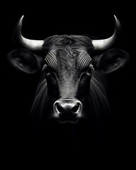 a black and white image of a bull