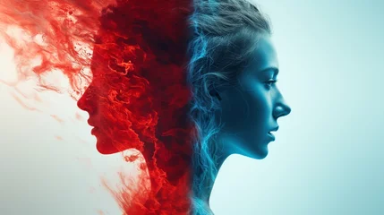 Fotobehang A dual-toned double exposure image capturing the paradoxical nature of a girl, one side serene in cool blue, the other fierce in fiery red. © Abdul