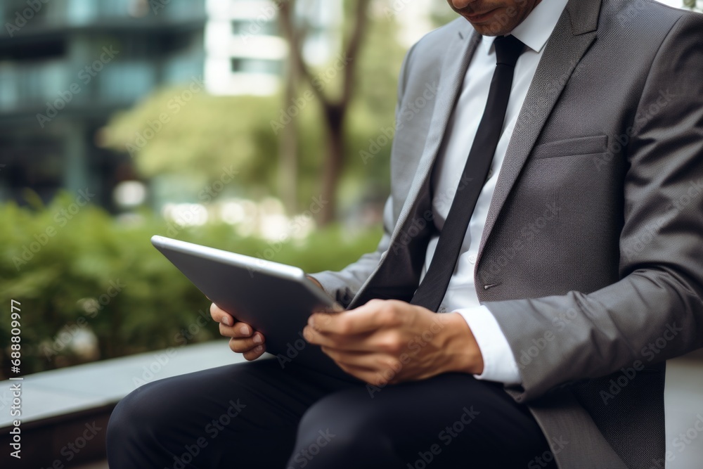 Poster A man dressed in a suit is sitting on a bench and using a tablet. This image can be used to depict technology, business, or modern lifestyle