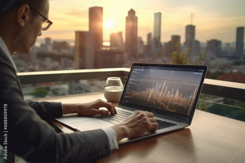 Poster a man in a suit diligently working on his laptop. suitable for business and technology-related conce