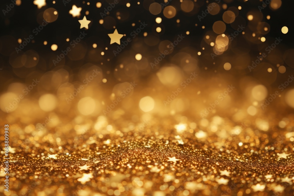 Poster A dazzling gold glitter background with sparkling stars and bokeh lights. Perfect for adding a touch of glamour and elegance to any project or design