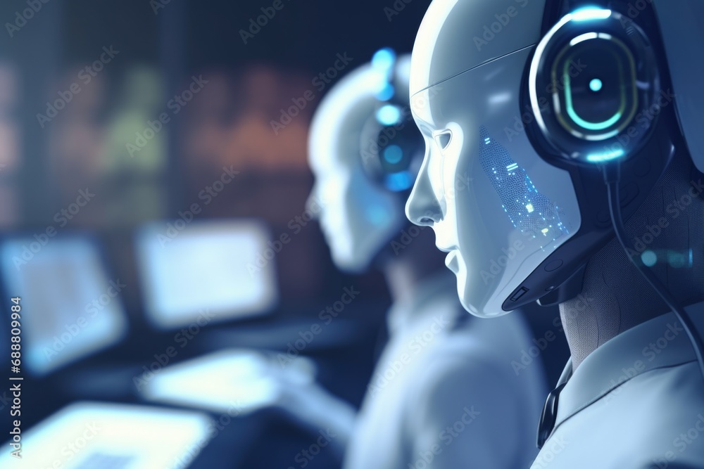 Poster close up of a person wearing headphones in front of a computer. perfect for illustrating technology,