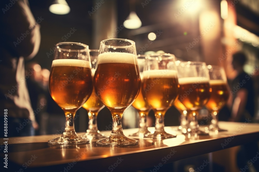 Poster a row of glasses of beer on a bar. perfect for showcasing a variety of beers or for a pub or brewery