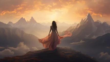 Foto op Canvas A fusion of femininity and rugged nature as a womana??s poised image is superimposed with the layered vistas of a mountain range at sunrise. © Abdul