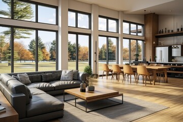 Fototapeta premium A comfortable living room filled with stylish furniture and featuring large windows that let in abundant natural light. Perfect for home decor inspiration or real estate listings