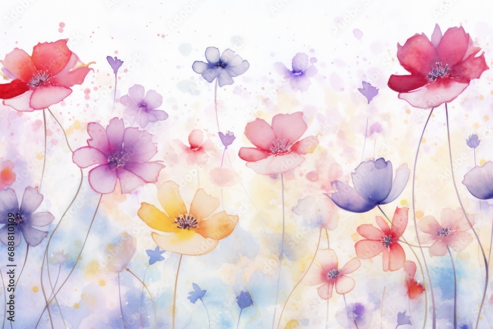 Poster a beautiful watercolor painting of a vibrant field of flowers. perfect for adding a touch of nature 