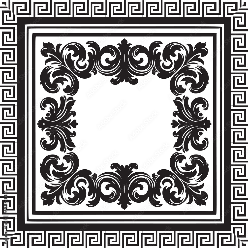 Poster black and white baroque damask ornamental vintage floral square frame, border seamless pattern with 