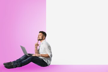 nice man sit with blank white wall background