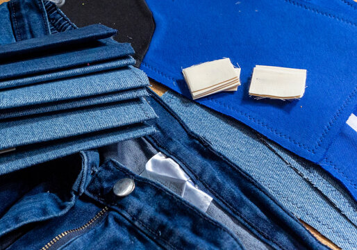 Assorted denim materials and patches for sewing projects